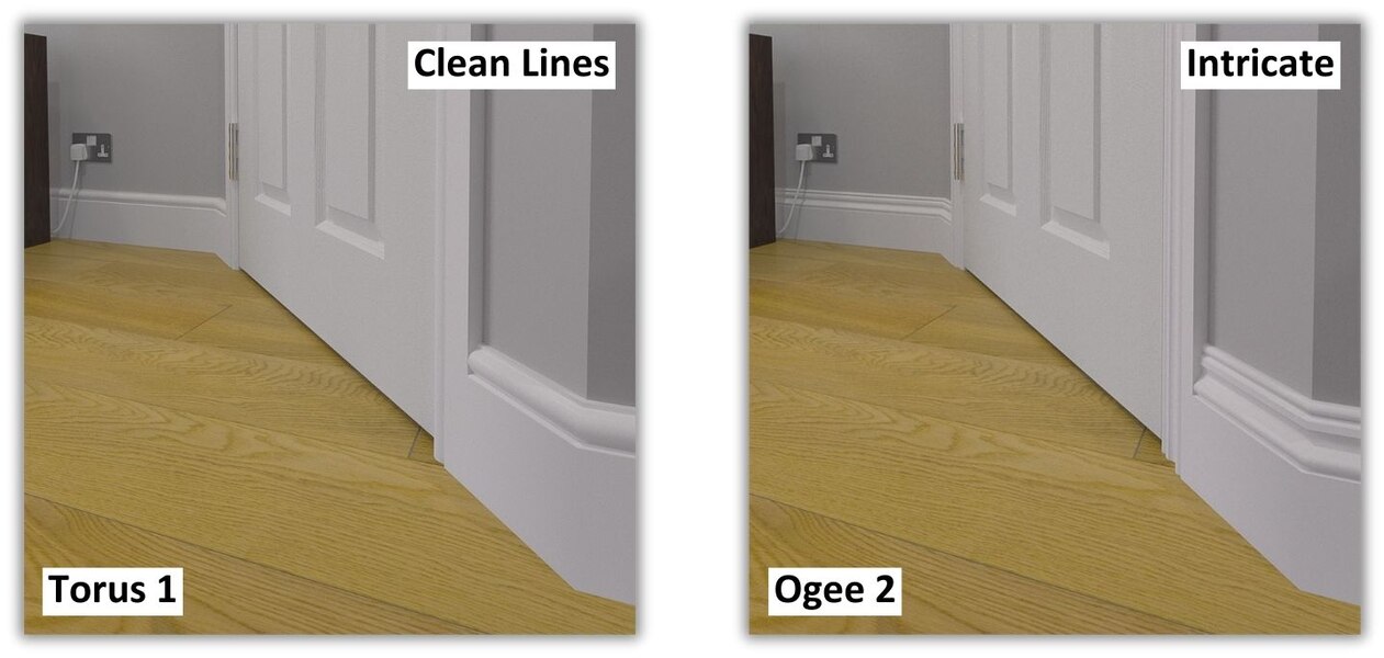 Image shows a comparison of Torus 1 MDF Skirting and Ogee 2 MDF Skirting Installed