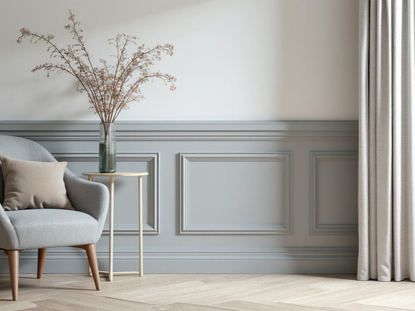 Accent wall with grey skirting board and wainscoting for a chic interior style.