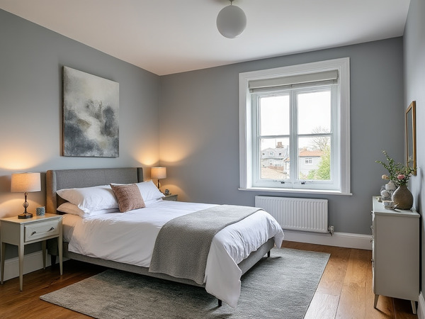 Bedroom with soft grey walls and skirting board adding a peaceful atmosphere.