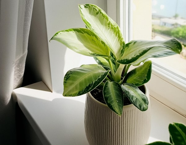 A Chinese Evergreen plant with large leaves sits on the window sill