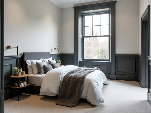 Classic bedroom with dark grey panelled skirting board adding a timeless touch.