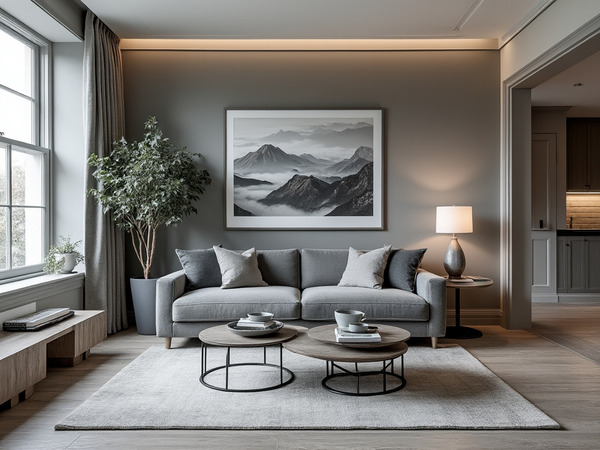 Contemporary living room with grey skirting board and wall panels for a cohesive design.