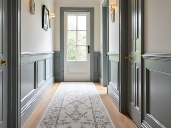 Elegant hallway with grey panelled walls and skirting board enhancing decor.