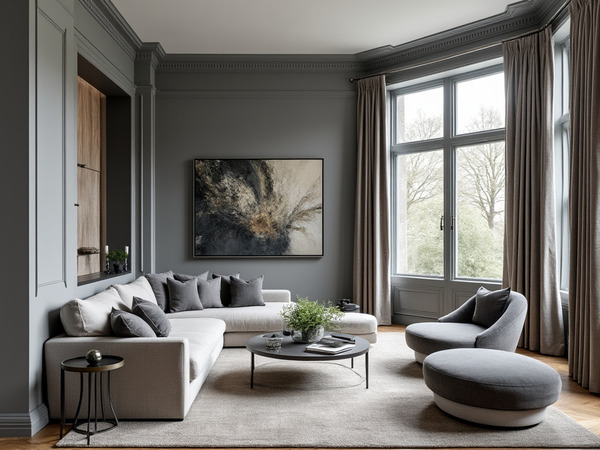 Elegant living room with deep grey panelled skirting board adding sophistication.