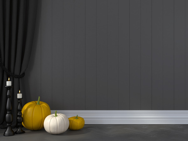 Halloween theme with grey panelled walls and skirting board adding a festive touch.