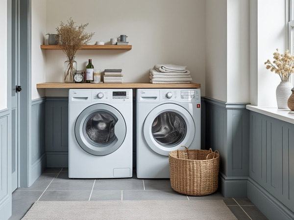 Laundry room with grey panelled skirting board for a functional and stylish space.