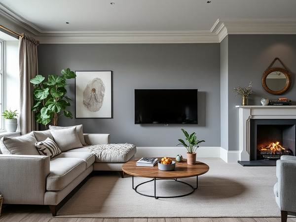 Living room with neutral grey skirting board and cozy decor enhancing warmth.