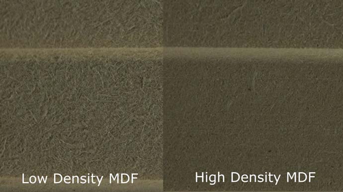 A photo comparing low density MDF and high density MDF