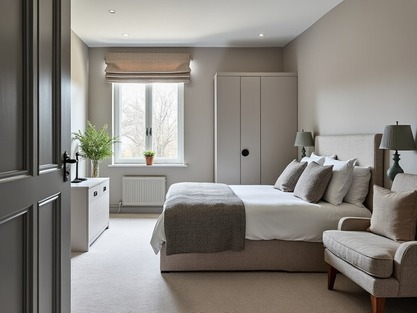 Minimalist bedroom with light grey skirting board and simple decor.