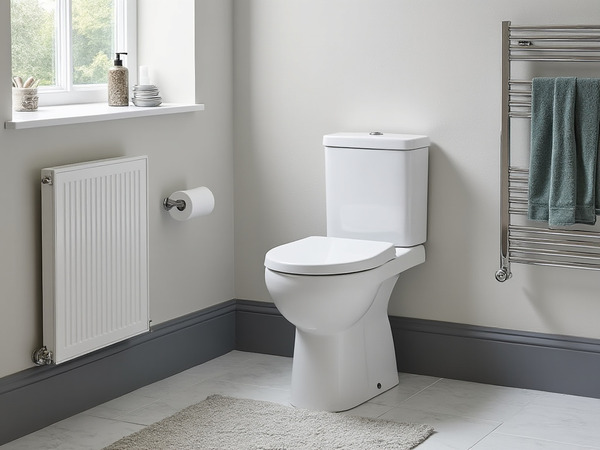 Modern bathroom with grey skirting and fixtures creating a sleek aesthetic.