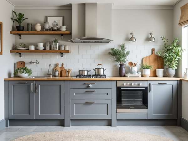 Modern kitchen with grey cabinetry and skirting board for a cohesive look.