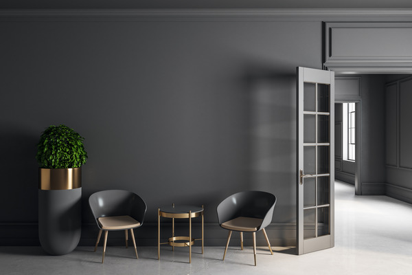 Monochrome hallway with grey walls and panelled features creating a dramatic look.