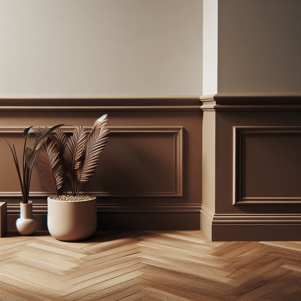 Saddle brown skirting boards on latte walls