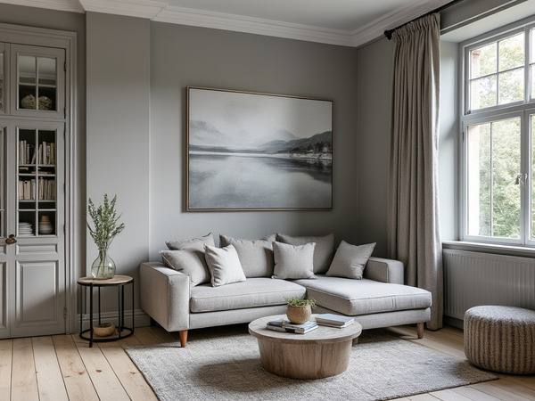 Sitting room with subtle grey skirting board and light decor for a serene atmosphere.