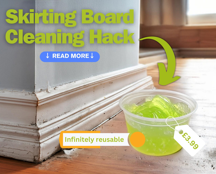 Photo shows dirty skirting boards and cleaning putty
