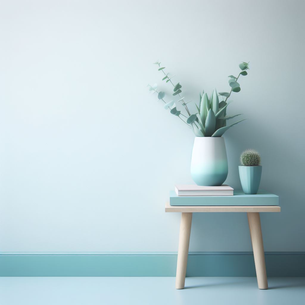 Soft blue walls and turquoise skirting