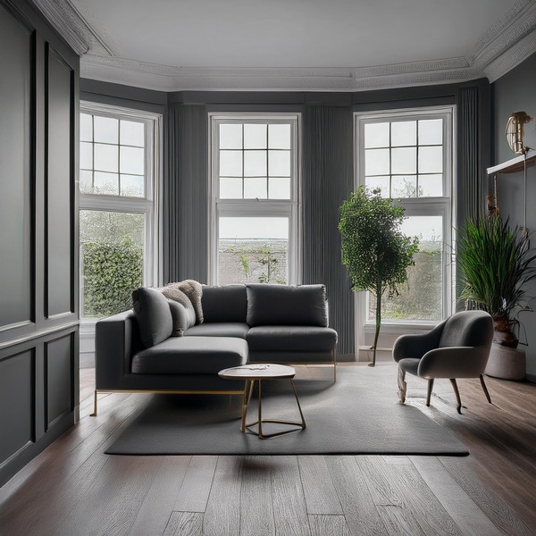 Timeless lounge with a grey theme and detailed moulding, exuding classic elegance.