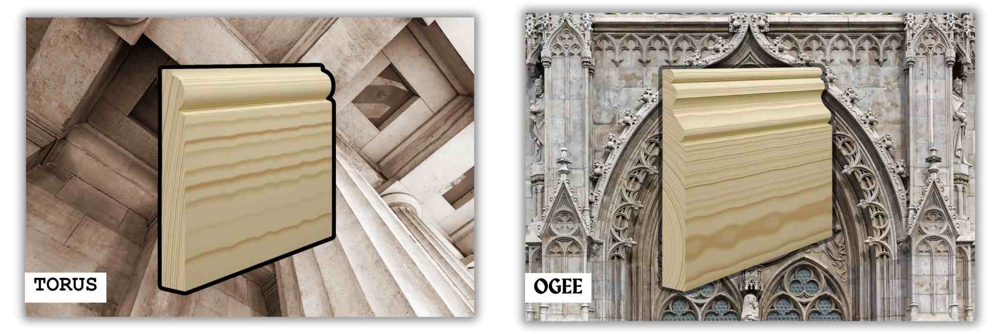 Image shows a comparison of Pine Torus Skirting and Pine Ogee Skirting